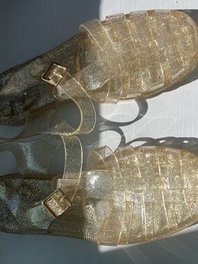 Gold Glitter Jelly Sandals for Women - Clear Strap Summer Shoes